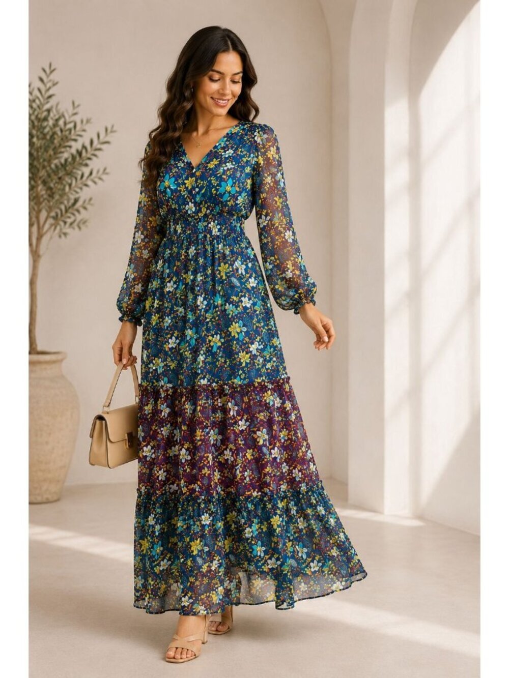 Fig And Flower Womens M Blue Floral Paisley Maxi Dress Boho Long Sleeve